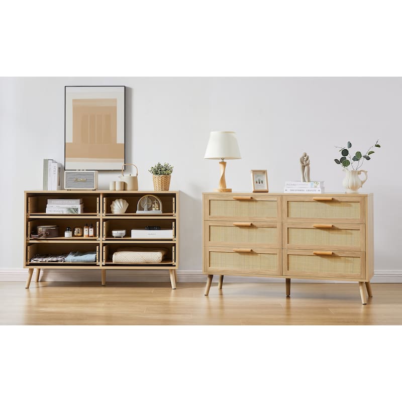 Anmytek 47.2''W Natural Rattan 6-Drawer Double Dresser