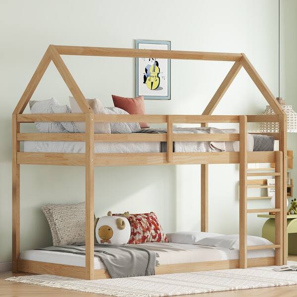 slide 2 of 7, Natural Twin over Twin House-Shaped Bunk Bed with Ladder, Guardrails, and Low Height Design Natural - Twin