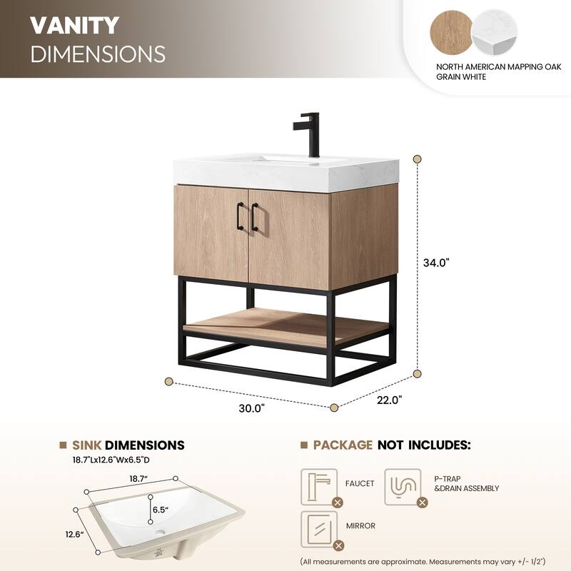 Alistair Single Bath Vanity with White Grain Stone Top without Mirror