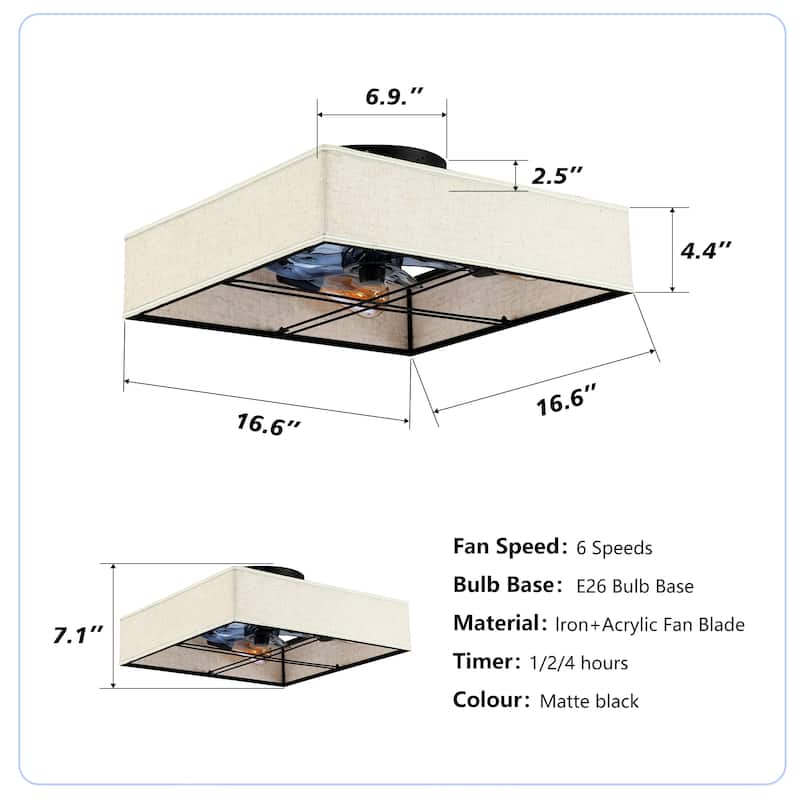 16.6"Square Fabric Flush Mount Ceiling Fan,Reversible Motor,DC Remote Control,7 PCS PC Blades,6 Speed Ceiling Fan,Timing