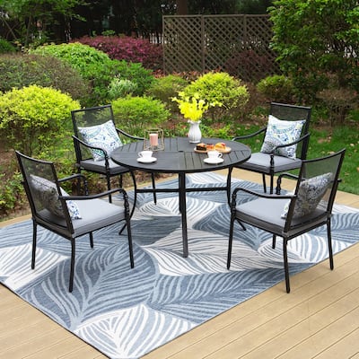 MAISON ARTS Patio Dining Set 5 Piece, Geometrically Stamped Round Table and 4 Gourd Head Shape Armrest Chairs