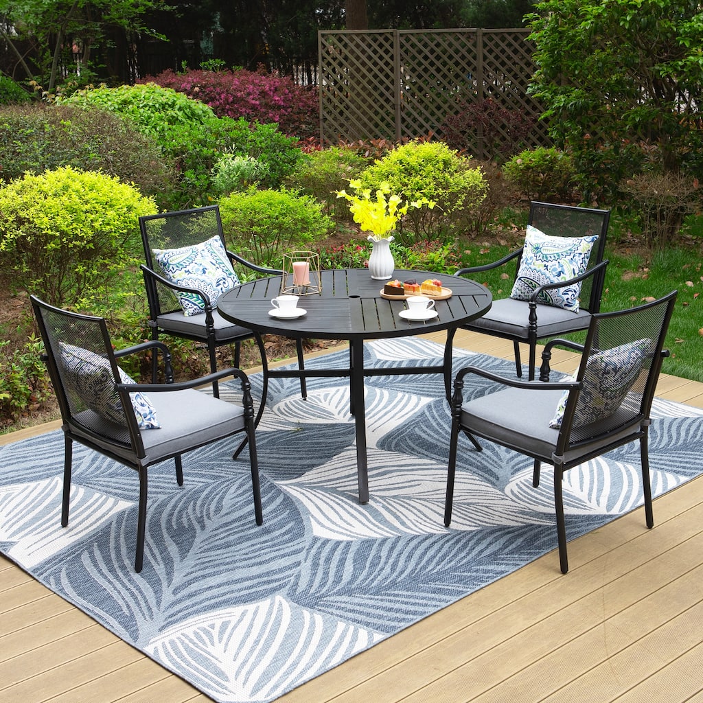 MAISON ARTS Patio Dining Set 5 Piece, Geometrically Stamped Round Table and 4 Gourd Head Shape Armrest Chairs