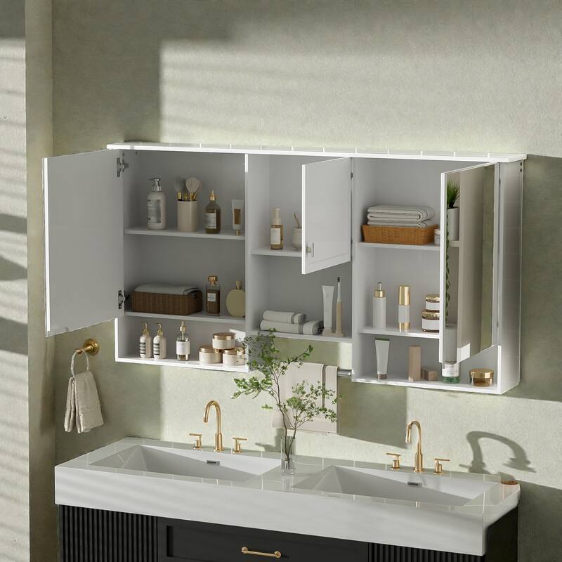 55 Inch Wall Mounted Mirror Cabinet with Adjustable Shelf, Soft Close Hinges, Bathroom Storage Organizer