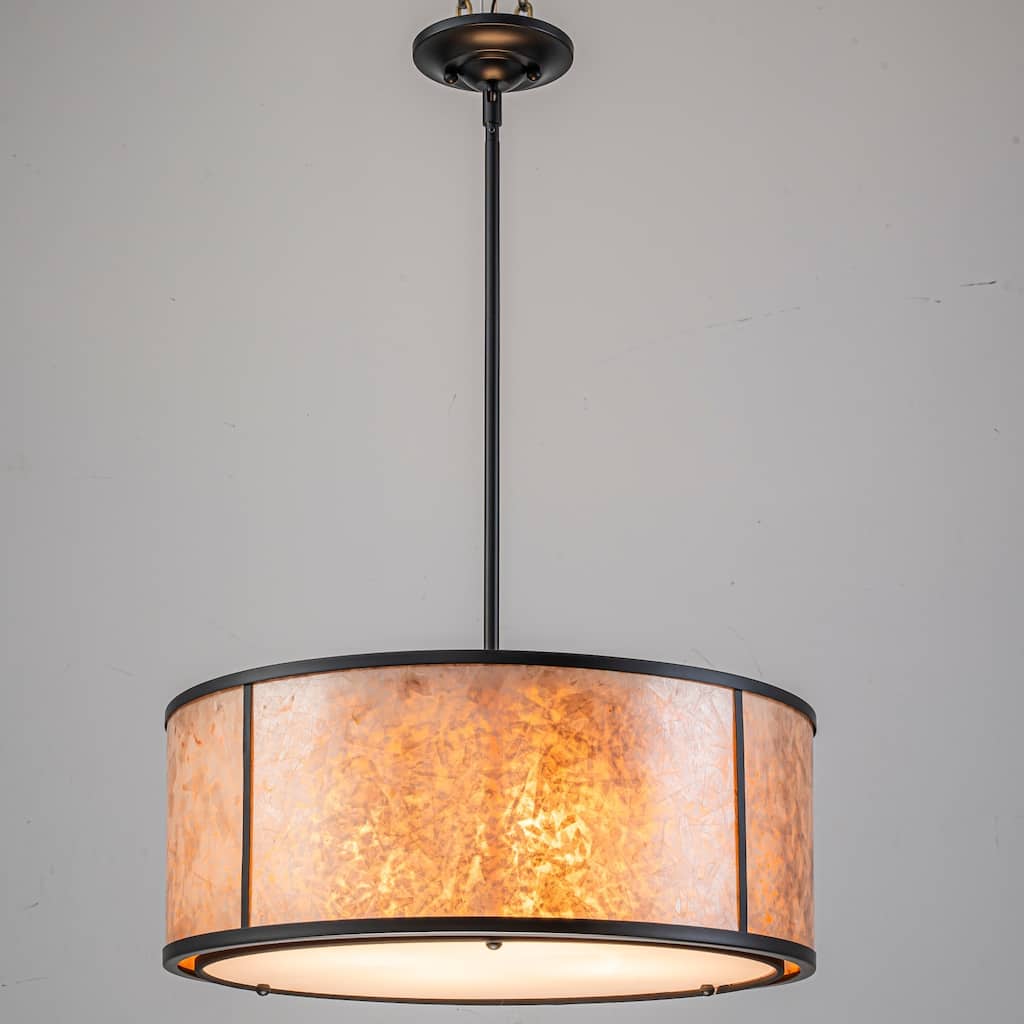 20" W and 8" W Rustic Matte Black Finish Tawny Mica Drum Pendant Light for Living Room & Bedroom