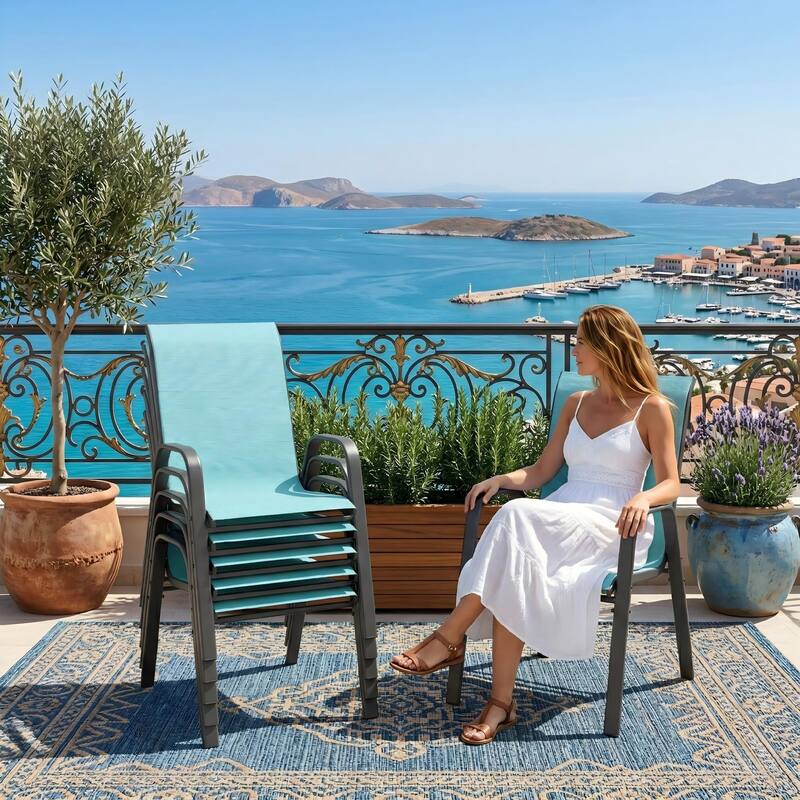 6-Piece Outdoor Dining Chairs Set, Wide Ergonomic Seat, 350lbs Capacity, Waterproof & Rust-Resistant Teslin Fabric Metal Frame - Sky Blue