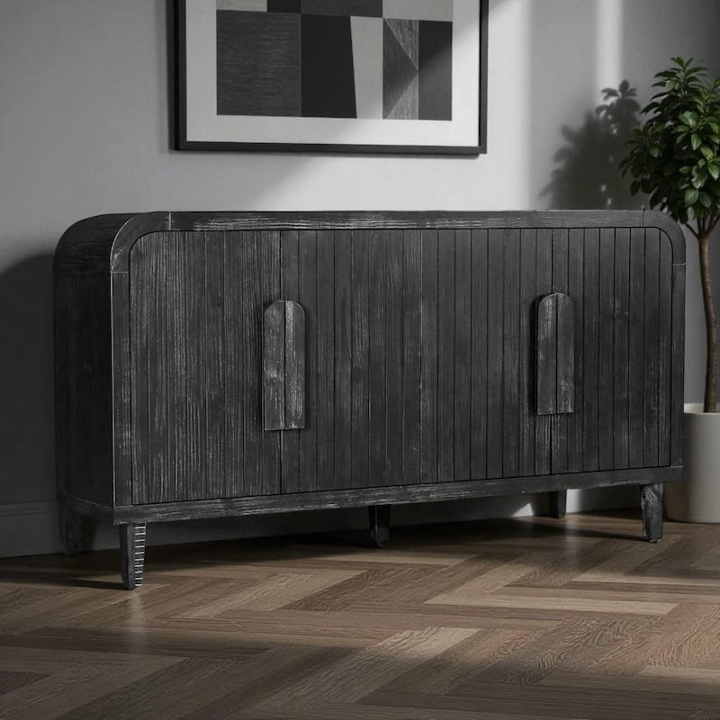 59'' Farmhouse Curved Vintage Sideboard Buffet Cabinet with Vertical Wood Grain Doors and Adjustable Shelves for Dining Room - Antique Black