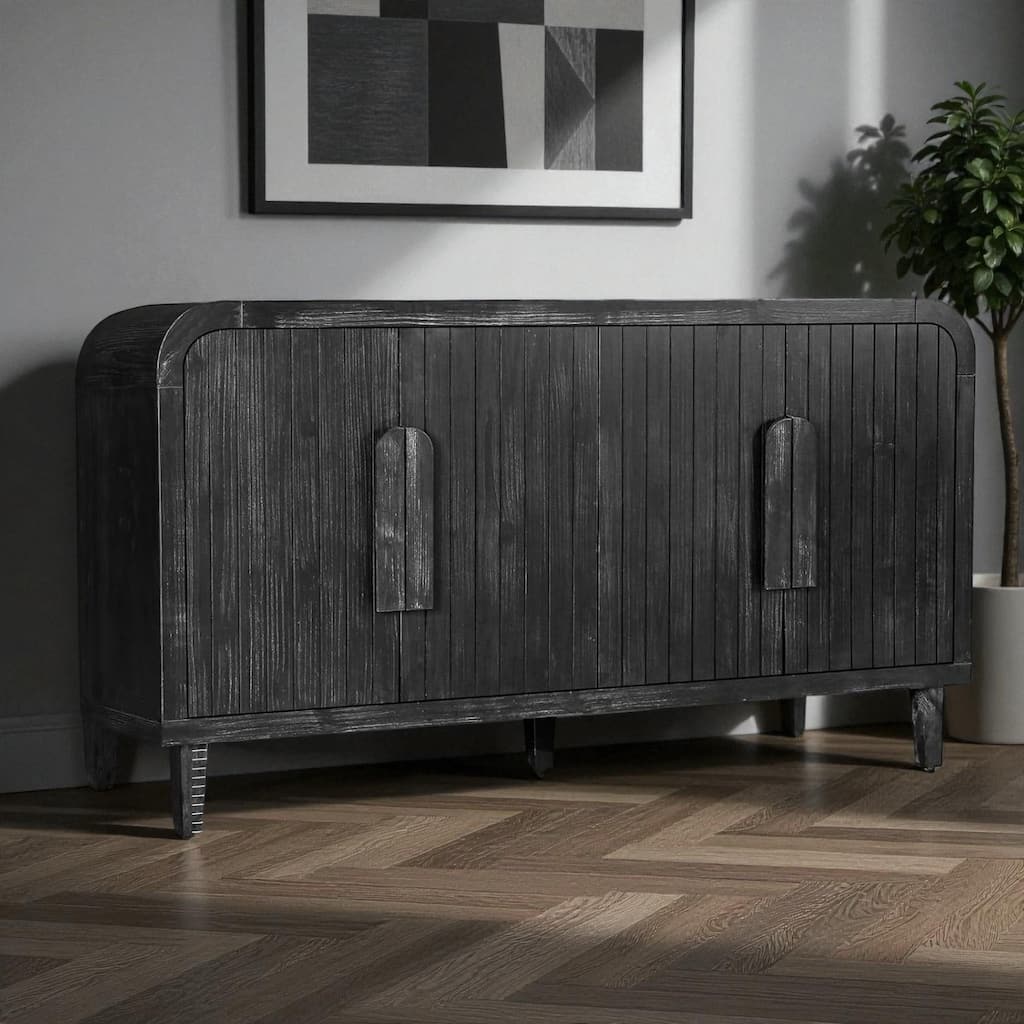 59'' Farmhouse Curved Vintage Sideboard Buffet Cabinet with Vertical Wood Grain Doors and Adjustable Shelves for Dining Room