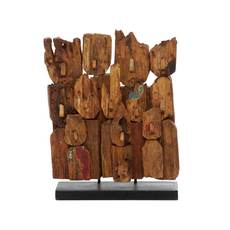 Brown Teak Wood Handmade Carved Abstract Decorative Sculpture with Faces - 13 x 4 x 16
