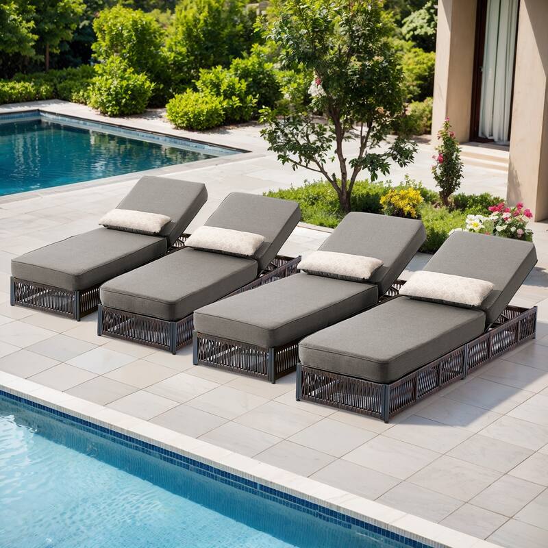 ArcoBay Brown Wicker Outdoor Patio Chaise Lounge with 5-Inch Thick Cushions (4-Pack)