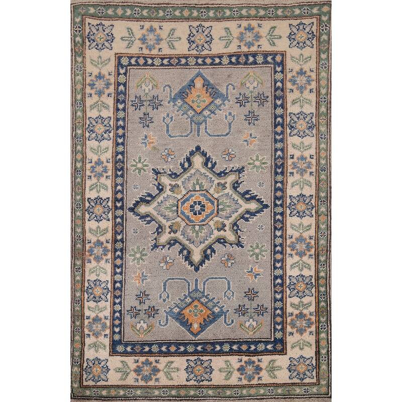 Geometric Kazak Foyer Rug Handmade Grey Wool Carpet - 2'9" x 4'0"