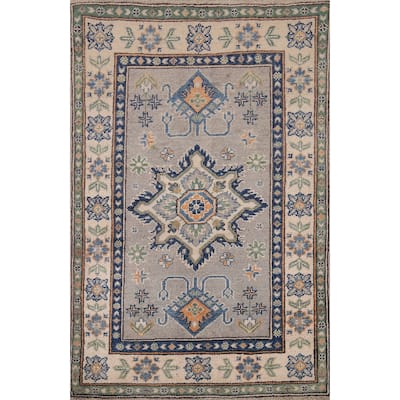 Geometric Kazak Foyer Rug Handmade Grey Wool Carpet - 2'9" x 4'0"