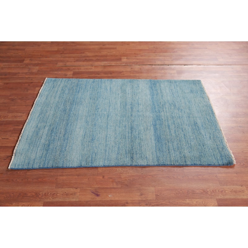 Striped Blue Modern Gabbeh Oriental Rug Hand-Knotted Wool Carpet - 3'2" x 4'9"