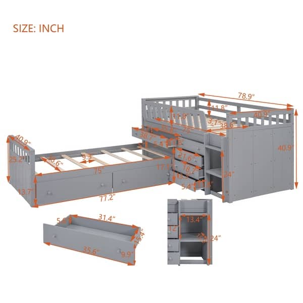 dimension image slide 0 of 2, L-shaped Space-Saving Twin Loft and Platform Bed with 7 Drawers and Full Guardrails