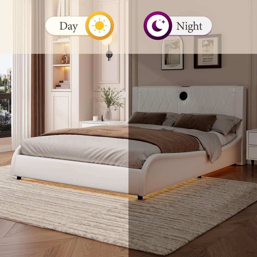Faux Leather Upholstered Frame Platform Bed with Thickened Headboard Built-in Bluetooth Speakers, RGB LED Light Bed Frame