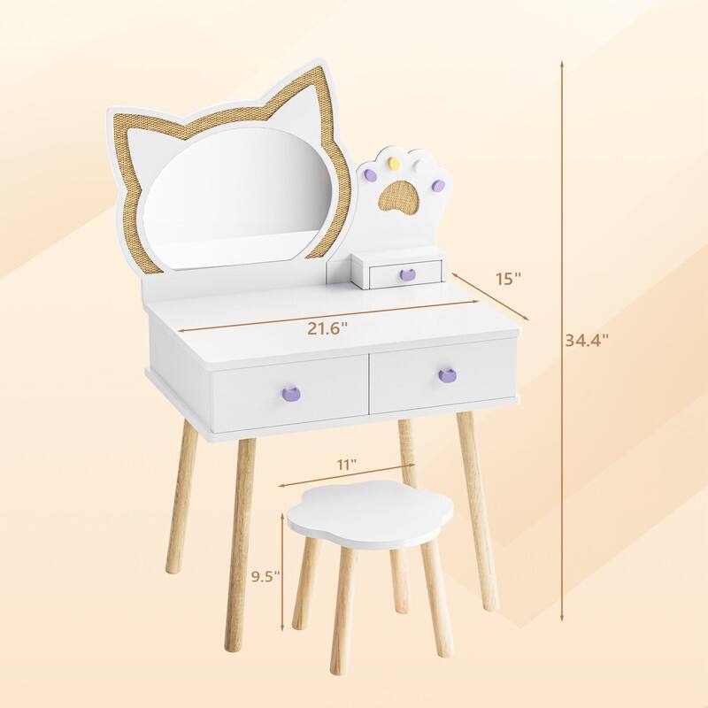 Kids Cat Mirror Vanity Makeup Dressing Table With 7 Pretend Play Accessories - N/A