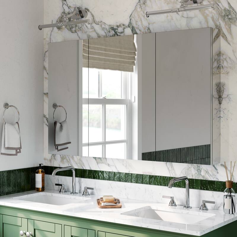 48x30 in Tri-View Mirrored Medicine Cabinet, 3-Door Triple Swing, Copper-Free, Blum Soft-Close, Recessed/Surface - Silver