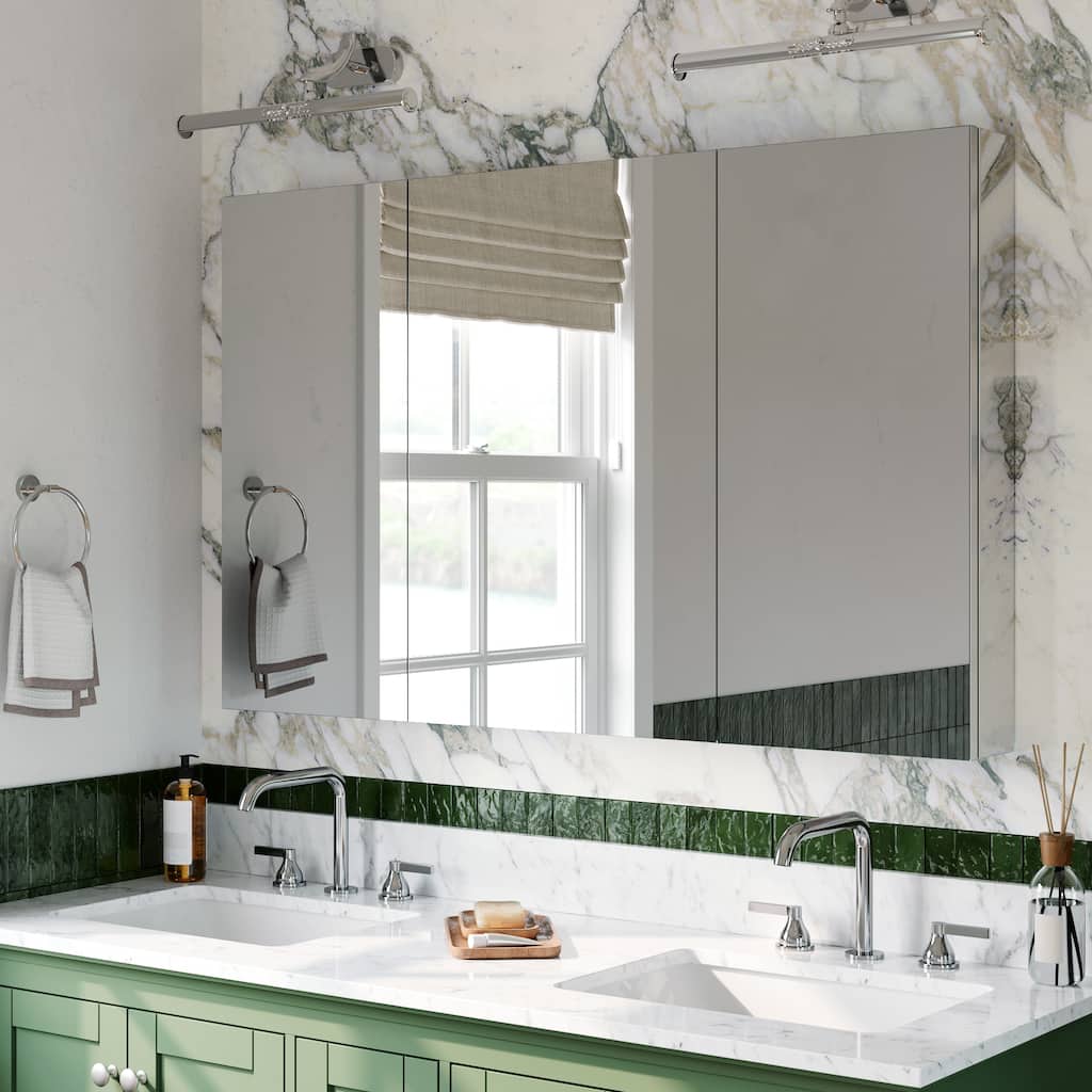 48x30 in Tri-View Mirrored Medicine Cabinet, 3-Door Triple Swing, Copper-Free, Blum Soft-Close, Recessed/Surface