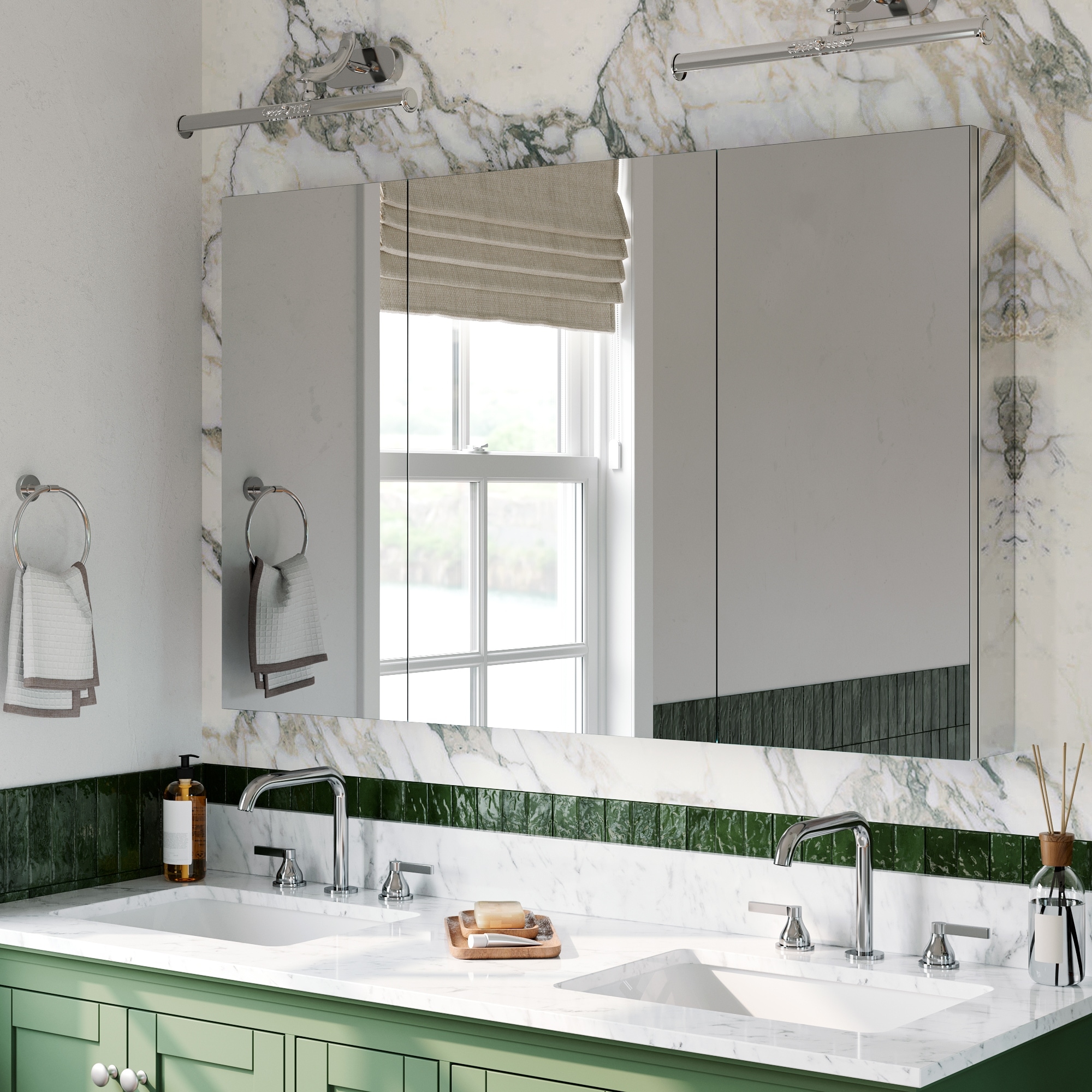 48x30 in Tri-View Mirrored Medicine Cabinet, 3-Door Triple Swing, Copper-Free, Blum Soft-Close, Recessed/Surface