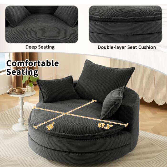 57.5" 360° Swivel Barrel Chair - Dual-Layer Cushion with 3 Removable Pillows for Living Room & Office