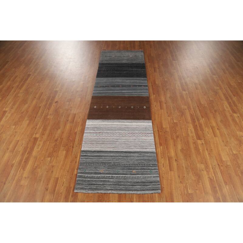Striped Tribal Gabbeh Indian Runner Rug Hand-Knotted Wool Carpet - 3'0" x 10'2"