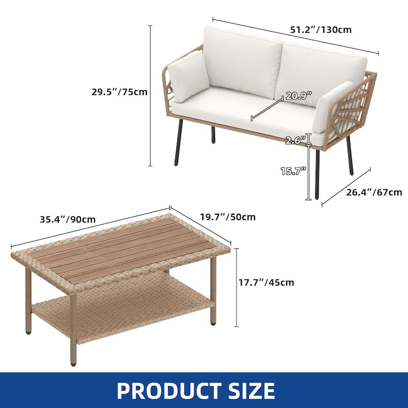 Moasis 2 Pieces Patio Furniture Set,Rattan Wicker Loveseat with Coffee Table