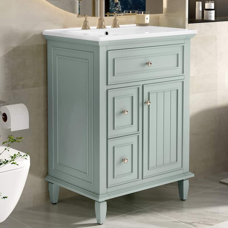 24" Bathroom Vanity with Sink Bathroom Storage Cabinet with One Flip Drawer and Two Drawers, Adjustable Shelf - Light Green