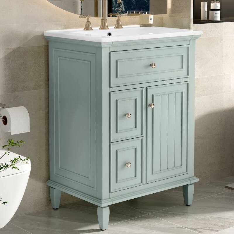 24" Bathroom Vanity with Sink - Solid Wood/MDF Cabinet, Flip Drawer + 2 Drawers, Adjustable Shelf
