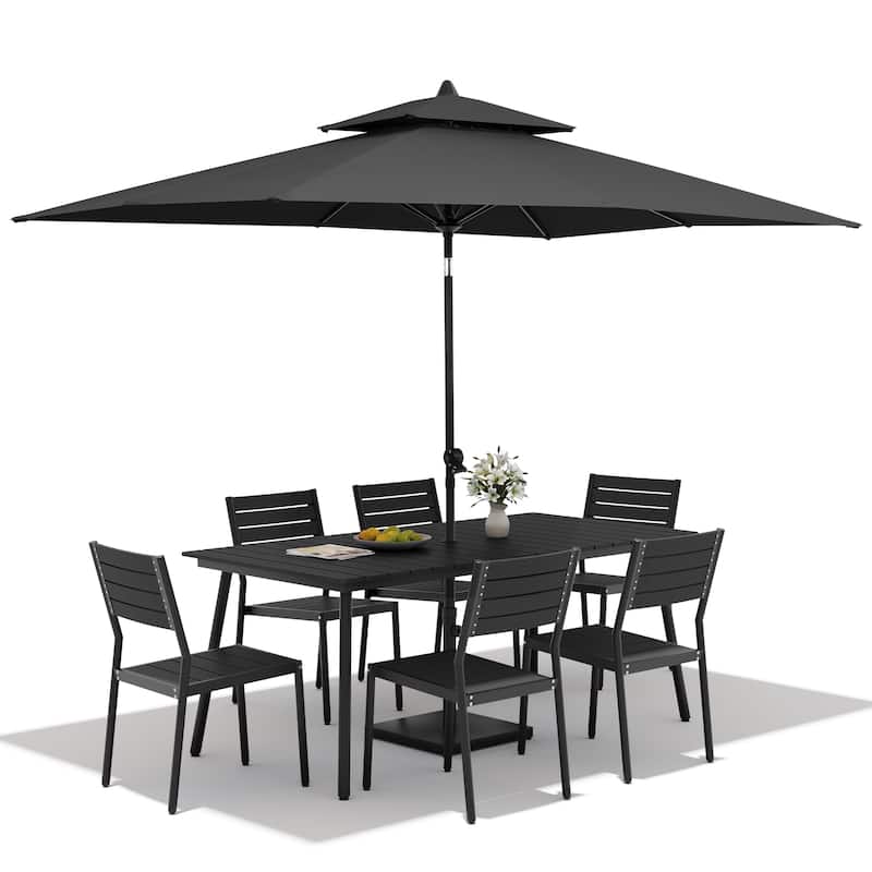 9PC Outdoor Patio Dining Set Aluminum Table with Stackable Chairs w/ Market Umbrella Set