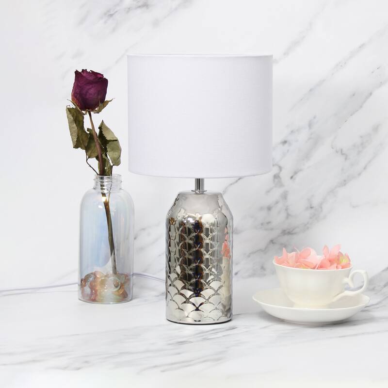 Fishscale Porcelain Table Lamp with White Drum Shade - 13.5" - Chrome Finished
