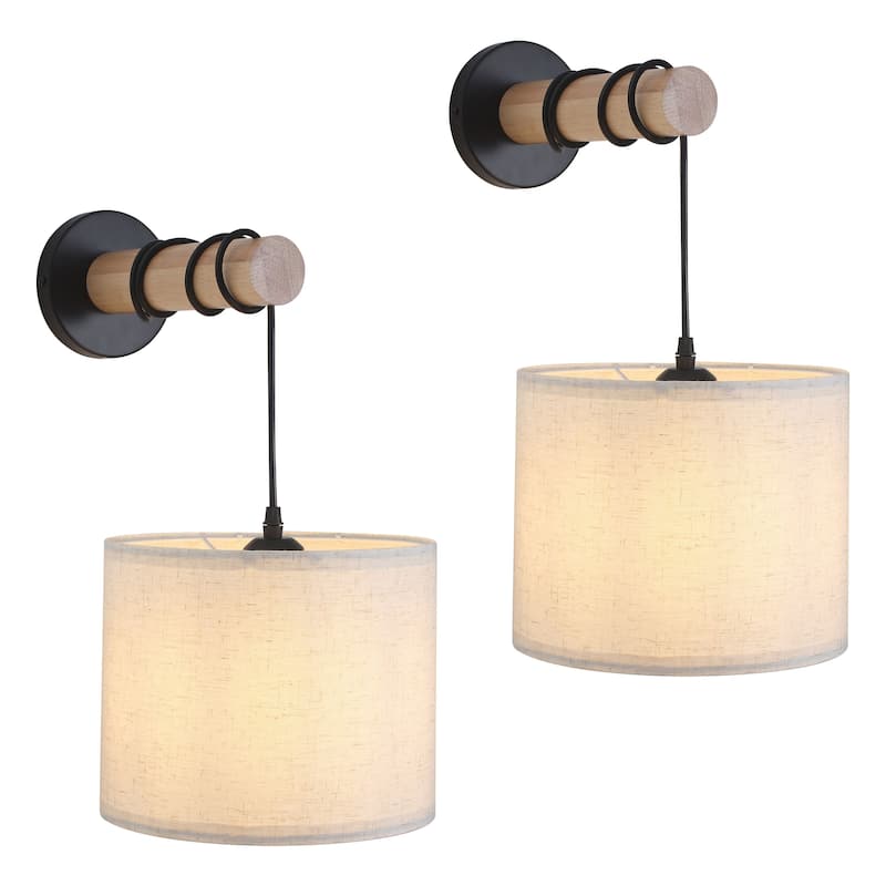 Starsky Indoor Wall Light Wall Sconces with White Fabric Linen Lampshades and Oak Wood Arm, Set of 2 - set of 2