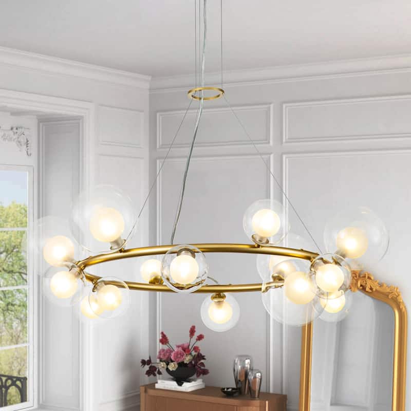 14-Light Cluster Sputnik Glass Globe Bubble Pendant Wagon Wheel Chandelier for Living/Dining Room - 32.7" W