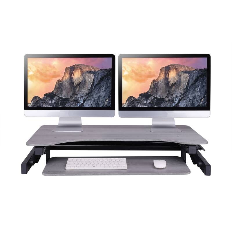 Rocelco 37.5 in. W Gray Height Adjustable Standing Desk Converter with Dual Monitor Mount, Anti Fatigue Mat and Gray Finish