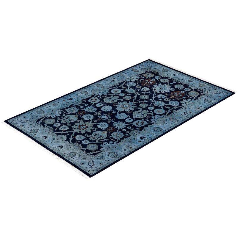 Overton Hand Knotted Wool Vintage Inspired Modern Contemporary Overdyed Blue Area Rug - 3' 2" x 5' 3"