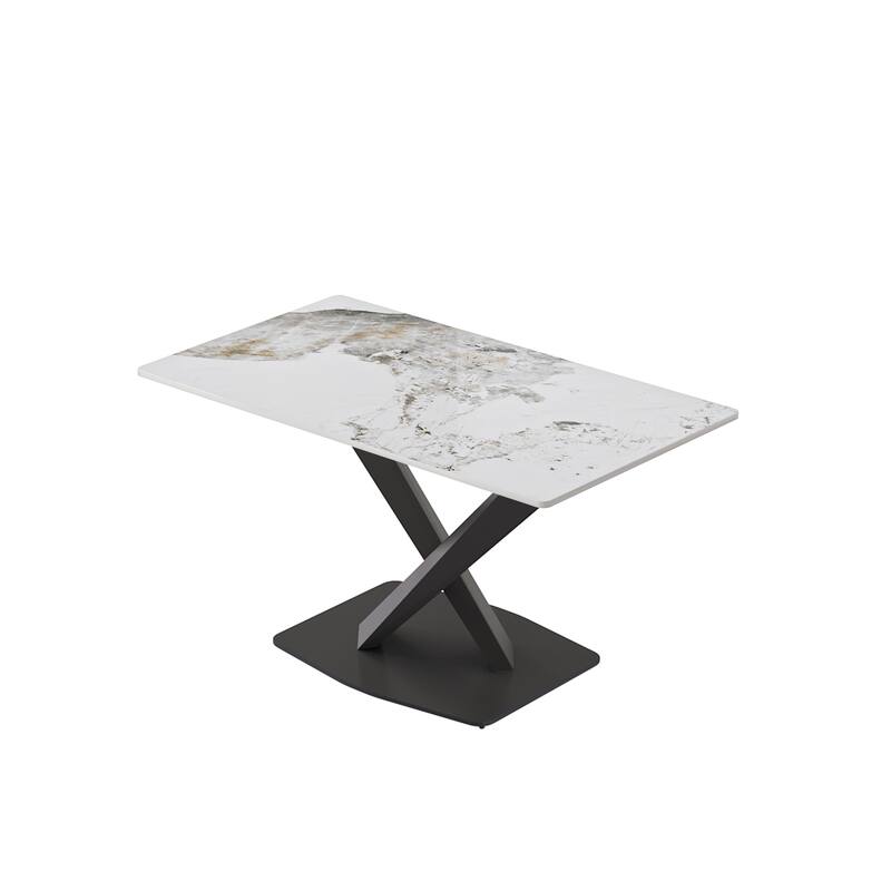 55.12" Modern Artificial Stone Pandora White Straight Edge Black Metal X-Leg Dining Table -6 People - Antique White,Black
