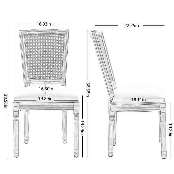 Set of 2 Solid Wood Frame Linen Fabric Square Rattan Back Dining Chair