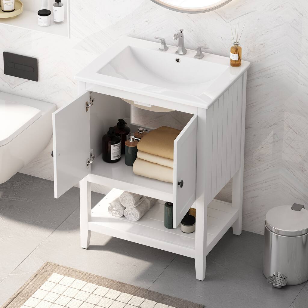 Morandi White Storage Cabinet Bathroom Vanity with Sink and Open Shelf