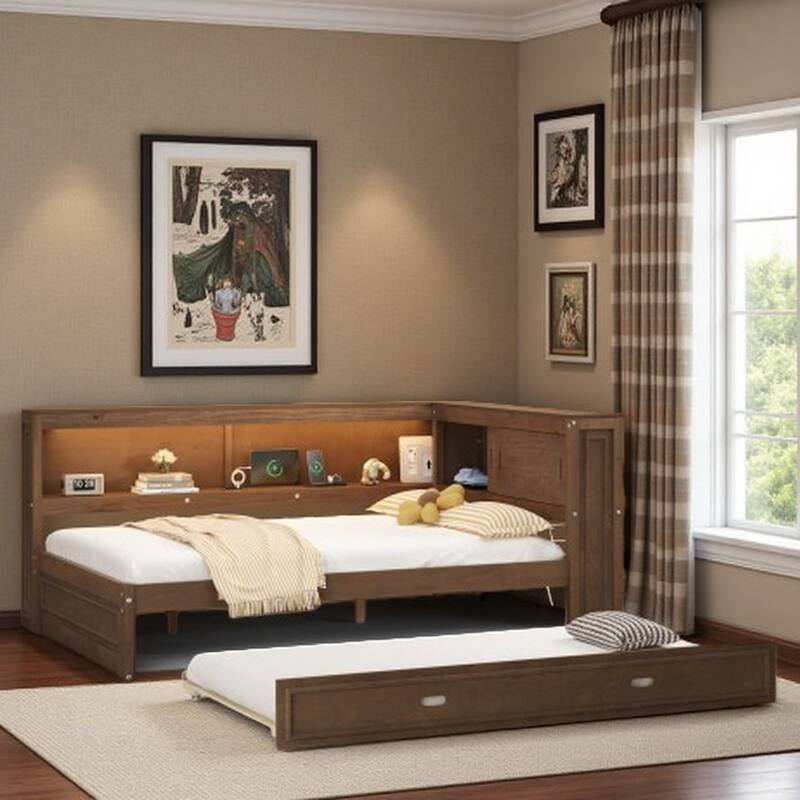 Full Size Wooden Daybed with Pull-Out Trundle, LED-Lit Storage Shelves, USB Charging Port, and Sliding Doors - Brown