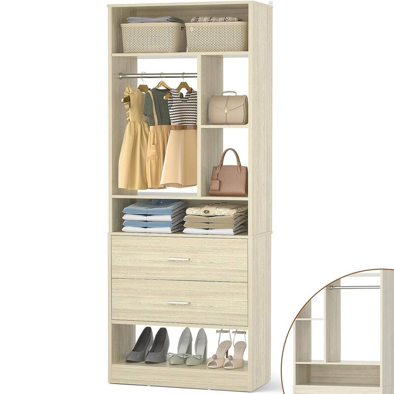 Kyrvo Freestanding 24" Closet System with 2 Wood Drawers,2FT Heavy Duty Walk-in Closet Organizer with 6 Shelves & Hanging Rod