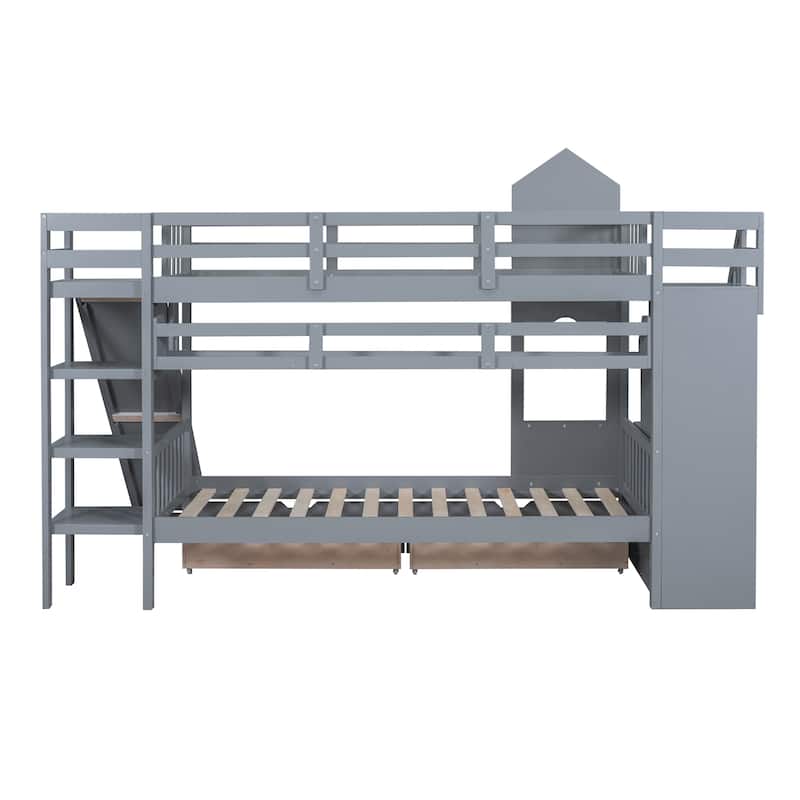 Castle Style Bunk Bed with 2 Drawers 3 Shelves and Slide