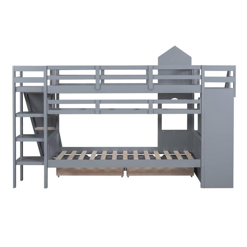 Gray Twin-Over-Twin Castle Bunk Bed with Slide, Drawers & Shelves for Kids
