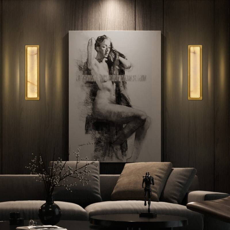 KAYLA 1-Light Gold LED Wall Sconce, Natural Alabaster Wall Sconce, Rectangular Bedside Wall Lighting (Set of 2)