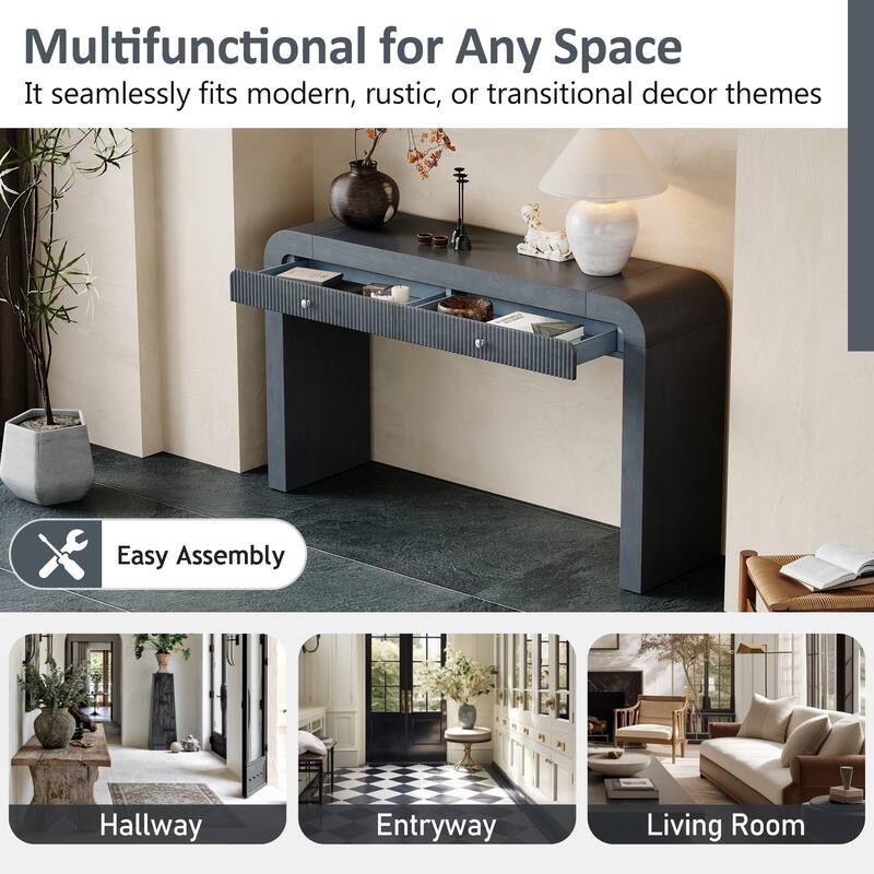 Rustic Curved Console Table Entryway Table with 2 Fluted Drawers for Hallway & Living Room - Dark Navy