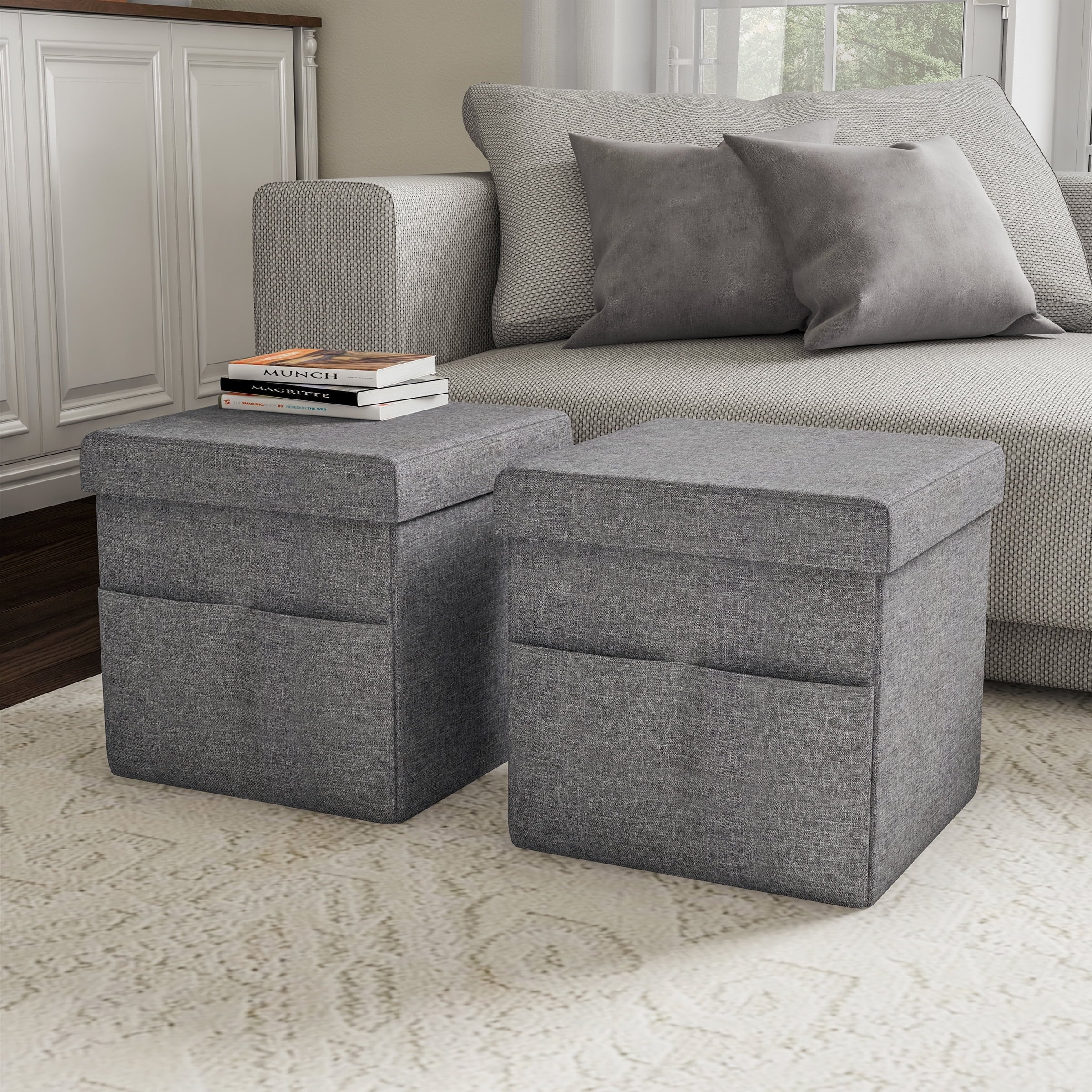 15-inch Foldable Storage Ottoman with Pockets, Dark Gray - Space Saving Seat & Organizer
