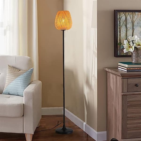 3-Light Rattan Floor Lamp With Shelf - 66" Farmhouse Standing Lamp With Foot Switch For Living Room