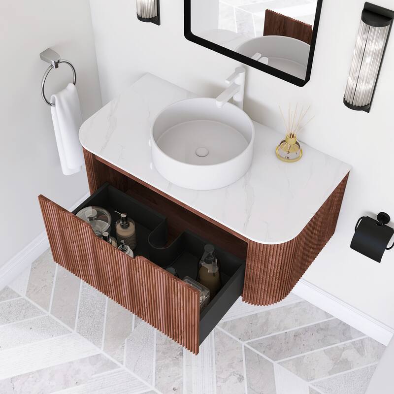 Plywood Wall-Mounted Bathroom Vanity Set with Integrated Ceramic Sink in Natural Wood