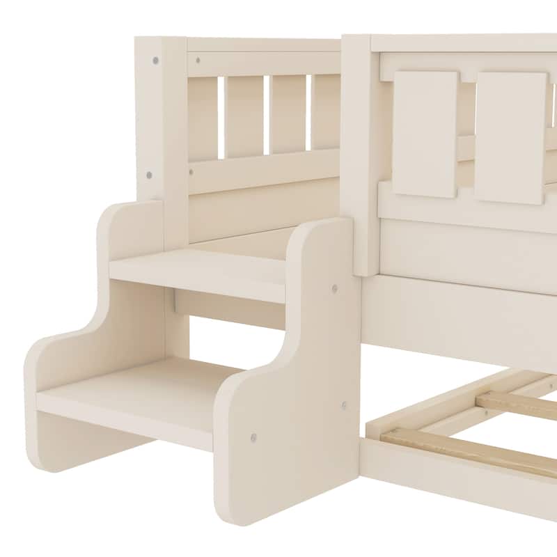 Full/Twin Size Wood Bed with Built-in Bookshelves and Storage Staircase, Safety Rails and Trundle Bed