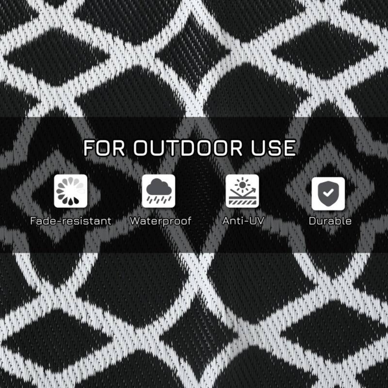 Reversible Outdoor Rug Black and White Clover Pattern UV Protected Foldable RV Camping Patio Beach Mat - 143.7" L x 107.9" W