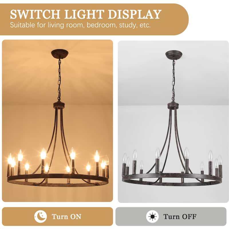12-light Rustic Farmhouse Wagon Wheel Chandelier Candle Dining Room Lighting - N/A