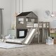 preview thumbnail 1 of 25, Twin over Full Wooden House Loft Bed with Ladder, Slide, and Guardrails on Top Bunk, Playhouse & Farmhouse Design Antique Gray
