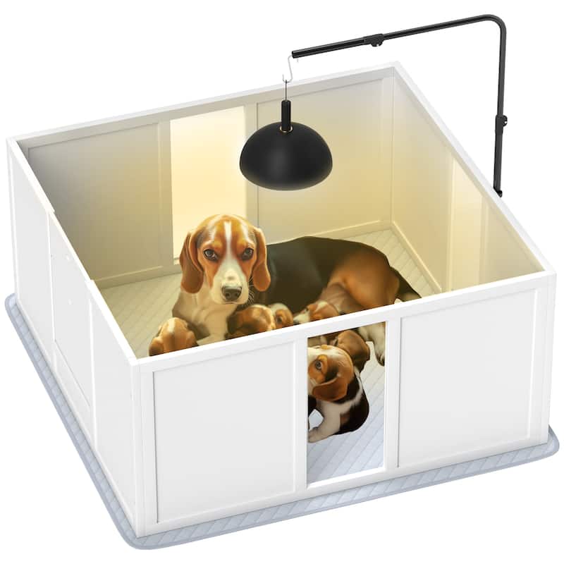 PawHut Whelping Box for Dogs, Newborn Puppy Supplies with Retractable Light Stand, Waterproof Pee Pad, 39" x 38" - White